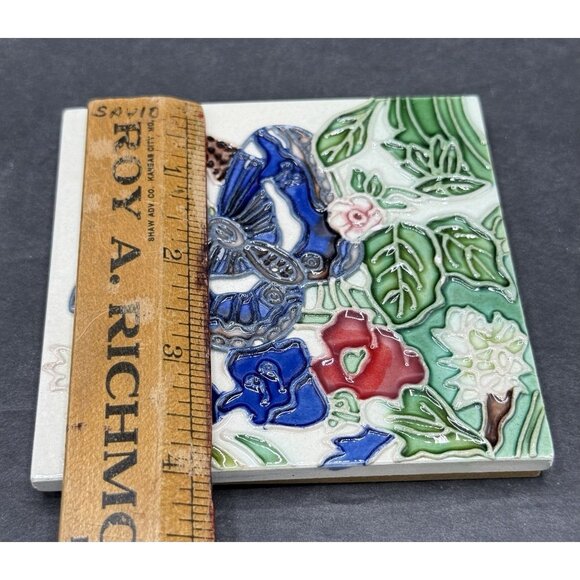 Vintage Ceramic Tile Decor Butterly Flowers Hand Painted 4x4 Wall Mount Backing - Picture 5 of 6